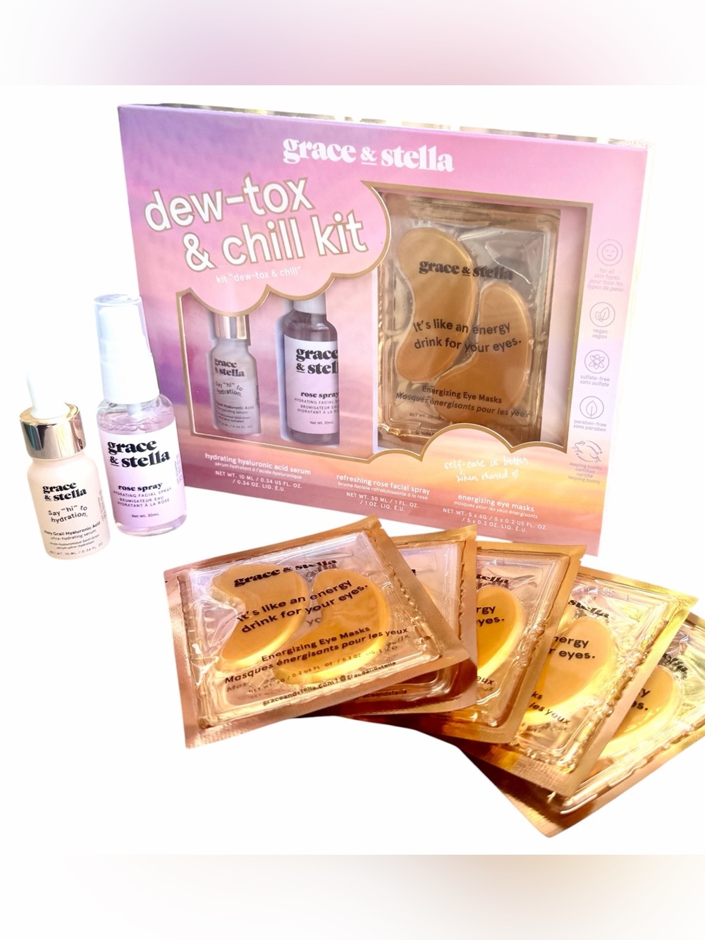 Grace & Stella Dew-Tox & Chill Kit -5 Gold Eye Masks, Rose Spray + Serum NIB